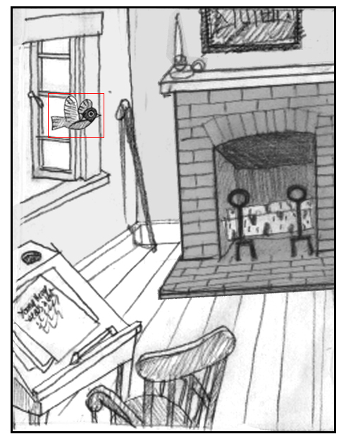 Drawing of room with fireplace and an open window a bird will fly through.